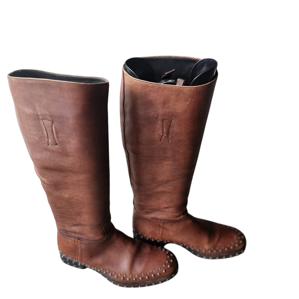 Prada Knee-High Pull-On Leather Boots Size 35.5 Eu Brown